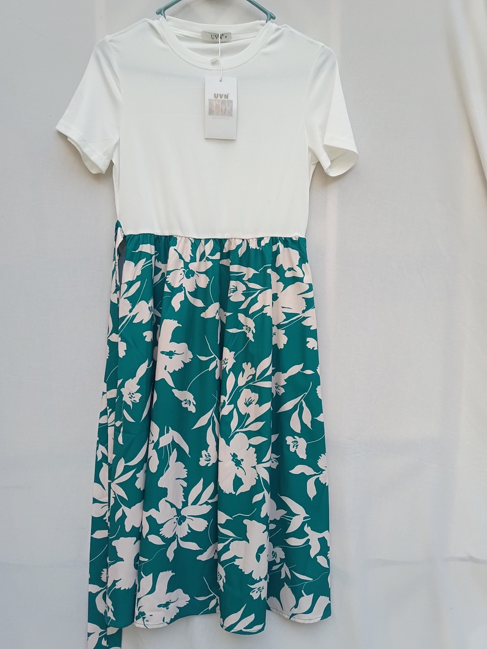 Two-Tone White & Teal Floral Midi Dress
